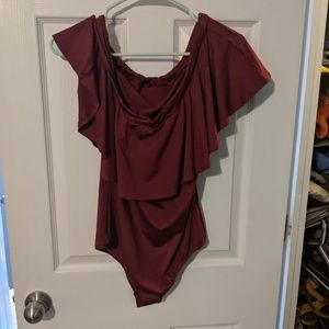 Maroon Off the Shoulder Ruffle Bodysuit